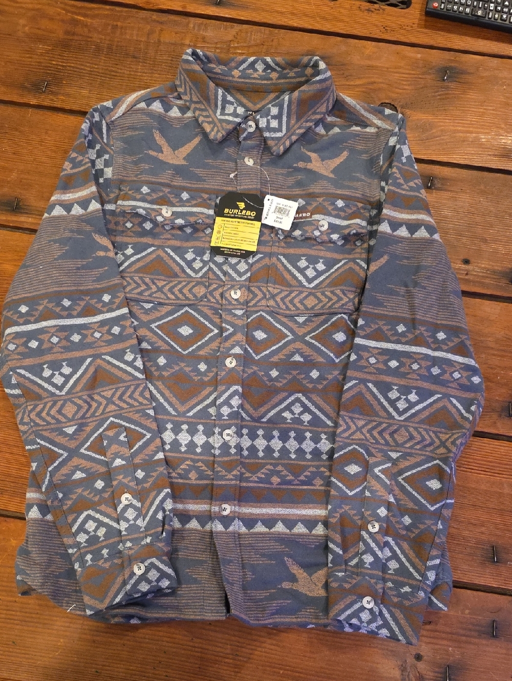 BURLEBO Men’s Aztec-Pattern Button-Down Shirt in Blue and Brown